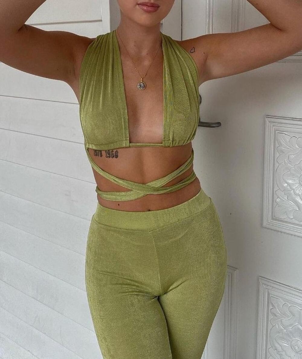 Peppermayo Wrap Tie Crop Bra Top and High Rise Flare Pants Matching Set Green 6